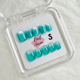 NailHaven| cat eye collection |all kinds of cat eye nails| short press-on nails   |cute nails| nails | acrylic press-on| fake nails |Handmade | high quality Press on nails 10 pcs|reusable nails|nail art|nail charm|handmade press ons|uña sacri lic as:_C24- Ocean Surf_M