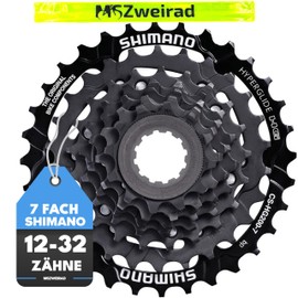 MSZweirad Shimano Bicycle Cassette 7-Speed CS-HG200 Selectable 12-28 | 12-32 Teeth Black Including Reflective Tape (12-32 Teeth)