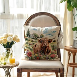 JAERUE Highland Cow Decorative Throw Pillow Covers with Wildflowers 18x18 Inch Farmhouse Rustic Cushion Cover Western Cows Pillowcase 2Pack for Couch Sofa (Green)