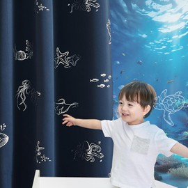 Vangao Kids Curtains for Boys Bedroom Kids Blackout Curtains 63 Inch Length Ocean Aquarium Nursery Drapes for Girls Bedroom Silver Sea Animals Print Thermal Insulated Drapes, Navy Blue 2 Panels