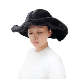 Lina & Lily Oversized Women's Winter Bucket Hat Faux Fur Wide Floppy Brim (Black)