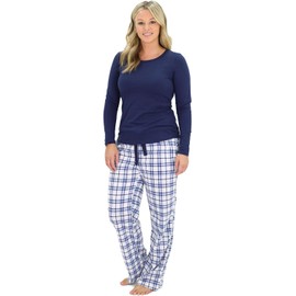 Cherokee Women's Pajama Set, Long Sleeve Cotton Top & Micro Fleece Pants, Soft & Cozy Loungewear, Large, Navy/White Plaid