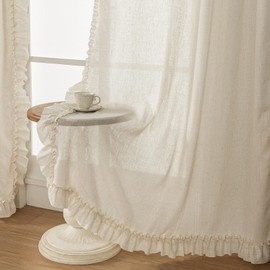 Linen Ruffle Curtains for Living Room, 2 Panels Farmhouse Ruffled Curtains 84 Inches Long, Rod Pocket Privacy Light Filtering Semi-Sheer Cottagecore Window Flowy Scalloped Curtain Drapes, 58 x 84 Inch