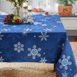 CAIT CHAPMAN HOME COLLECTION Holiday Blue Snowflakes Metallic Jacquard Woven Tablecloth (70" x 144" Rectangle)