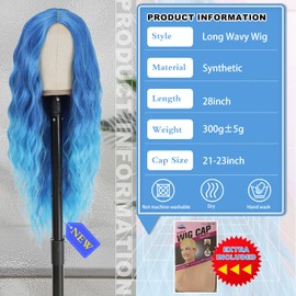 BUPPLER Cosplay Long Blue Wig 28 Inch Middle Part Synthetic Wig Realistic Gifts Party Wigs for Women Daily Use Colorful Wigs (Blue)