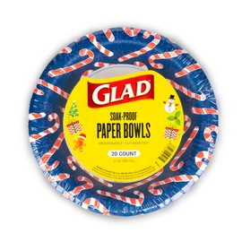 Glad Round Disposable Paper Bowls, Navy Holiday Candy Cane Design - Heavy Duty, Soak Proof, Cut-Resistant, Microwavable Bowl for All Foods & Daily Use, 12 Oz, 20 Count