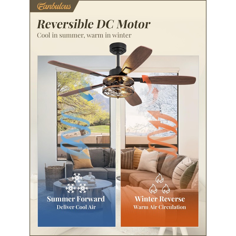 52 Inch Farmhouse Ceiling Fan with Light and Remote, Black