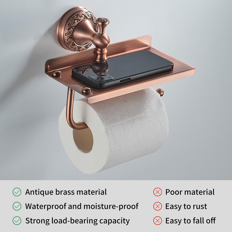 Red Copper Bath Toilet Paper Holder with Phone Shelf, Wall