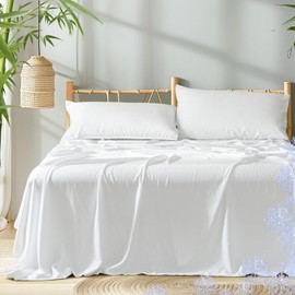 PHF Cooling Sheets Set King Size,4 PCS 85% Viscose from Bamboo and 15% Linen Breathable & Soft Bed Sheets,Deep Pocket Up to 16" Bedding Sheets,White