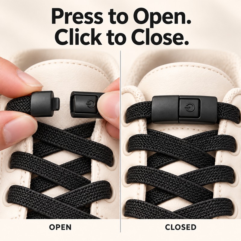 Elastic No-Tie Flat Shoelaces with Press-Lock Closure – Easy-On Sneaker