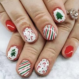 Vopintpy Christmas Tree Stripe Fake Nails Short Square Xmas Press on Nails with Glue on Nails Glossy Winter Christmas Stick on Nails for Women DIY Holiday Manicure
