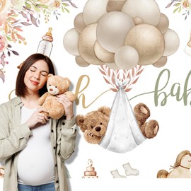 Imirell Bear Oh Baby Shower Backdrop 7Wx5H Feet Cloth Boys Baby Shower Cute Balloons Flower Plant Leaves Lovely Polyester Fabric for Newborn Photography Backgrounds Photo Shoot Decor Props Decoration