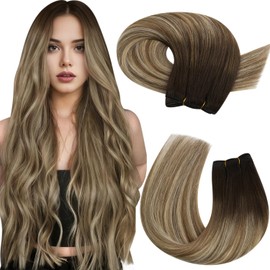 Moresoo Hair Extensions Weft in Real Human Hair Dark Brown Ombre Medium Brown with Blonde Balayage Hair Weft Human Hair Extxensions Sew in Extensions Remy Straight Human Hair Weft 24in 100g #4/6/613