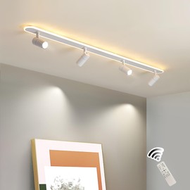 Jaycomey Modern LED Ceiling Light with 4 Spotlights, Dimmable 58W Linear Ceiling Lamp Fixture with Remote, 43.3in Upgraded Flush Mount Ceiling Chandelier Lighting for Bedroom Closet Hallway (White)