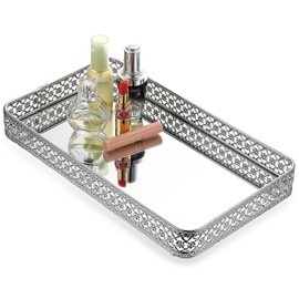 ELLDOO Perfume & Makeup Mirror Tray - Silver Metal Organizer for Dresser & Bathroom Countertop, Hollow-Carved Design Jewelry Storage Large Size 13.8" x 7.9"