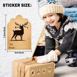 Whaline Christmas Kraft Gift Tag Stickers Vintage Xmas Tree Reindeer Bell Name Tag Labels 2 x 3 Inch Rustic Holiday Self-Adhesive Present Label for Xmas Party Craft Gift Wrapping, 300Pcs