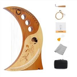 wfljl 19-String Lyre Harp Kit - Ergonomic Lap Harp Instrument with Tuner& Picks | Moon Design, Traditional Classic Stringed Instruments (Brown)