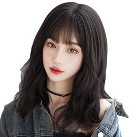 CANVUE Wig, Semi-Long, Full Wig, Natural, Wig, Women's, Small Face, Cute, Medium, Curly Hair, For Everyday Use, Curly Wave, Net Included (Black Brown)