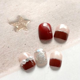 KKUUOO French Christmas Press on Nails Medium Square Fake Nails Silver Glitter & Pearl Designs False Nails Red and Pink Acrylic Nails Glossy Stick on Nails for Women and Girls Xmas Manicure 24Pcs