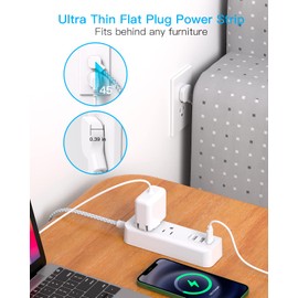 Cruise Essentials, USB C Travel Power Strip, Flat Plug Power Strip with 2 Outlets 3 USB Ports (1 USB C), 10ft Flat Extension Cord USB Charging Station, Non Surge Protector for Cruise Ship Travel Home