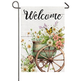 Spring Floral Garden Flag 12x18 Inch Double Sided Wagon Wheel and Flowers Welcome Burlap Yard Flag for Outside Farmhouse Front Porch Lawn Outdoor Decor