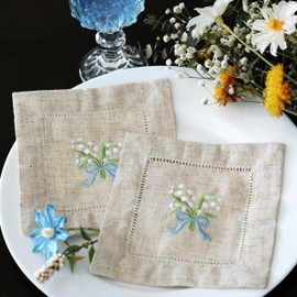 Lauusiusi Embroidered Natural Linen Cocktail Napkins 6 Pieces Lily of The Valley Handcrafted Ladder Hemstitch Square Small Cloth Napkins Set of 6 for Party Beverage Wedding Bar Coffee Dessert (6"x6")