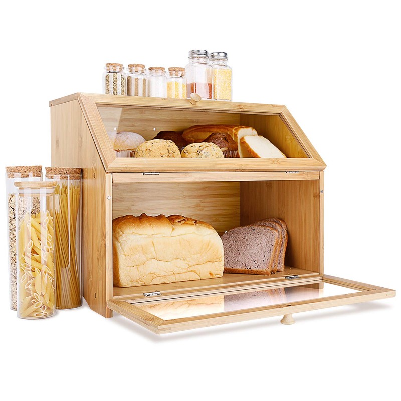 HOMEKOKO Double Layer Large Bread Box for Kitchen Counter, Wooden