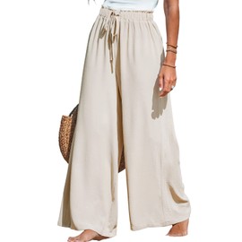 CUPSHE Women Wide Leg Pants High Waisted Trousers Linen Palazzo Lounge Beach Cover Ups Flowy Pants,S Beige