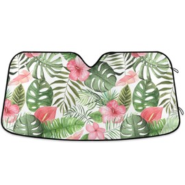 Windshield Sun Shade Vintage Tropical Flowers Leaves Sunshade Front for Car Truck SUV Blocks UV Rays Sun Visor Protector Keep Your Vehicle Cool