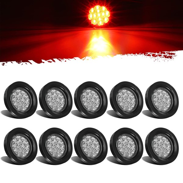 Partsam 10Pcs 2.5" Round Red 13 LED Side Marker Clearance Lights with Reflectors for Truck Trailer RV, Grommets and Pigtails Include, Clear Lens, Sealed Waterproof, Flush Mount, 12V