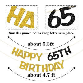 Happy 65th Birthday Banner - Adult 65th Birthday Party Garland Supplies - Cheers to 65 Years Party Decorations - Gold Black Glitter