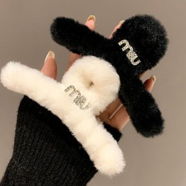 Large Fashion Plush Hair Claw Clip for Women Free Size/Khaki Rhinestone Miu Plush Grip Clip 20ea
