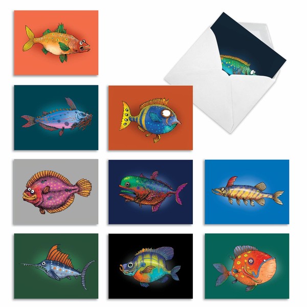 M6491OCB Fishtoons: 10 Assorted Blank All-Occasion Note Cards Featuring Multi Colored Zany and Exotic Sea Creatures, w/White Envelopes.