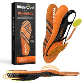 Welnove Orange Sports Shoe Insoles with Gel Forefoot & Poron Heel Cushion, High Rebound PU Foam, Velvet Surface & Anti-Slip Hexagon Pattern for Running, Jumping, Athletic Support -XL
