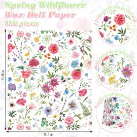 150 Sheets Wildflower Deli Paper, 9.8 x 8.3'' Wildflower Grass Print Grease Proof Food Deli Sheets Sandwich Wrapping Liners Greaseproof Food Wax Paper for Birthday Baby Shower Party Supplies (A)