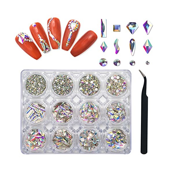 Nail Art Rhinestones Kit, Crystal Flatback AB Rhinestones Multi Shapes Glass Nail Gems Round Diamonds Rhinestones for Acrylic Nails, Crafts, Jewels, Makeup, Face, Clothes, Shoes
