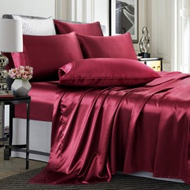 TREELY 6 Piece Satin Sheets King Size Silky Smooth Burgundy Satin Sheet Set with Deep Pocket, Satin Fitted Sheet, Flat Sheet, 4 Satin Pillowcase