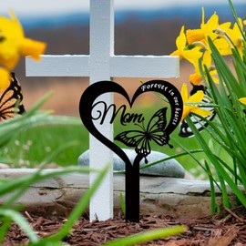 EQLEF Graveside Memorial Stakes for Mom, Memorial Plaque Stake in Heart Shape with Butterfly Durable Metal Grave Marker Black Cemetery Memorial Plaque Grave Ornaments Mum
