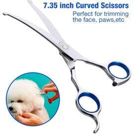 Mumoo Bear Dog Grooming Scissors with Safety Round Tips, Heavy Duty Titanium Pet Grooming Trimmer Kit, Professional Thinning Shears, Curved Scissors with Comb for Dogs and Cats (Set of 3)