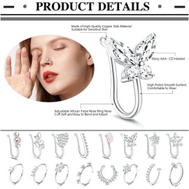 MILACOLATO 16Pcs Nose Cuff Fake Nose Ring Hoop Clip on Nose Ring Cubic Zirconia Fake Septum Nose Ring Cartilage Tragus Ring Nose Cuff Non Piercing for Women Men Silver