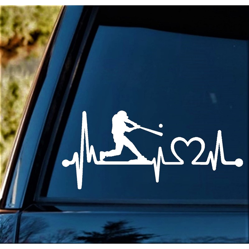 K1075 Baseball Guy Batter Batting Heartbeat Lifeline Decal Sticker (White)