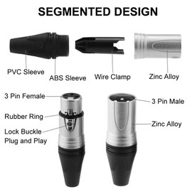 Greluma 6 Pairs XLR Connectors, 12 Pieces 3-Pin XLR Ends with Black Base, Male/Female Audio Microphone DMX Plug Jack Socket, Nickel-Plated Copper Contacts, Solder Type