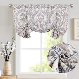 jinchan Linen Tie Up Valance for Kitchen Living Room Farmhouse Damask Printed Paisley Rod Pocket Adjustable Tie-up Shade Valance Multicolor Medallion Flax Window Curtain 45 inch Long 1 Panel Blue
