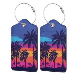 2 Pack PU Leather Luggage Tags for Suitcases Baggage Tags with Privacy Cover ID Label Address Card and Durable Metal Ring for Women Men Travel Coconut Tree