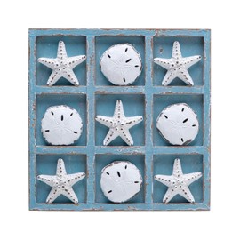 NIKKY HOME Beach Tic Tac Toe Wood Board Travel Game for Kids Family Coastal Beach House Coffee Tables Decor, 8.98 by 8.98-in Rustic Blue