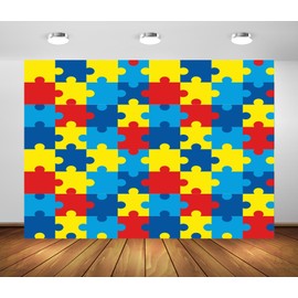 CORFOTO Colorful Puzzle Pattern Backdrop Fabric 5x3ft World Autism Day Jigsaw Piece April Children Disability Awareness Background for Autism Themed Party Decorations Kids Accept Love Photo Props