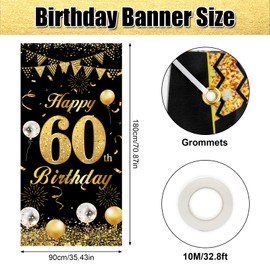 60th Birthday Banner Black Gold, 60th Birthday Decoration Door Background for Men Women, Large Fabric 60th Birthday Party Decoration Door Banner for Table Wall Decoration, 180 x 90 cm