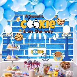 A Sweet Little Cookie is On The Way Backdrop, Cookie Baby Shower Decorations for Boy, Blue Cookie Theme Party Banner Background for Dessert Table, Photo Booth, 5x7FT