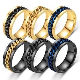 HIJONES Men Women Stainless Steel 8MM Class Turnable Chain Worry Ring Band for Anxiety People All Black Size U
