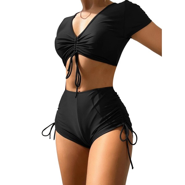 Lilosy High Waisted Tummy Control Drawstring Bikini Set Srting Swimsuit